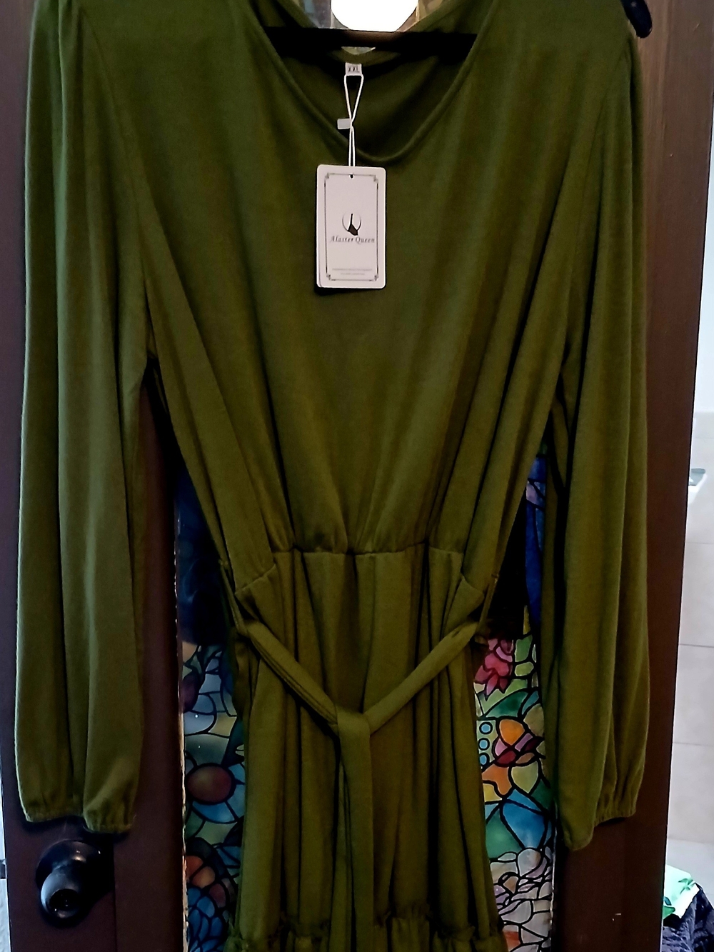 Xxl Olive Green Long Sleeve Tie-Waist Dress